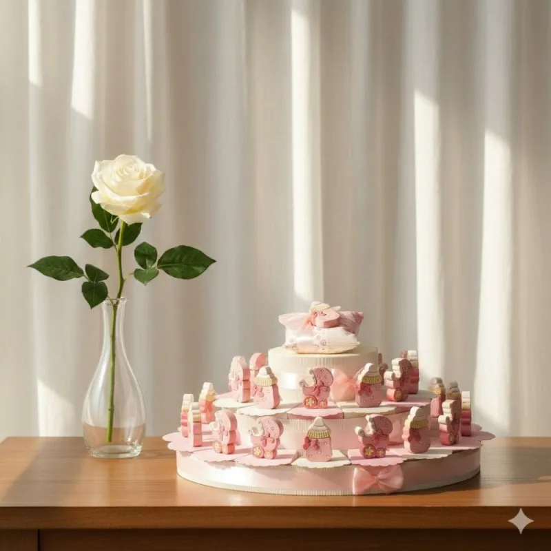Torta Bomboniere Nascita Maxi con Statuine Carrozzina e Biberon Legno Bimba