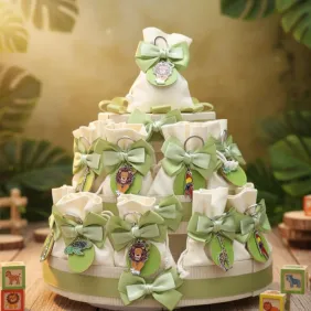 Torta Bomboniere 25 Sacchetti Compleanno Portachiavi Animali della Savana con Cerchietto di Pelle