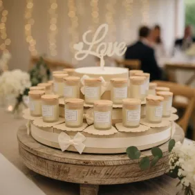 Torta Bomboniere Candele profumate Matrimonio e Prima Comunione con portaconfetti