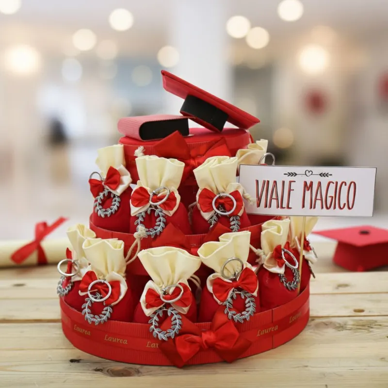 Bomboniera Laurea Corona di Alloro su Torta 25 Sacchetti e Confetti