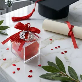 Bomboniere Laurea Confezionate Corona di Alloro con Nappina Laureando Satin su Plexiglass Completo Per Ragazza