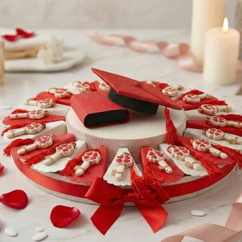 Torta Bomboniere Laurea Chiave Quadrifoglio con Nappina Rossa, Ideale come Torta Bomboniera Laurea di un Rgazzo o di una Ragazza