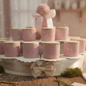 Candele profumate su Torta Bomboniere Comunione in porcellana rosa