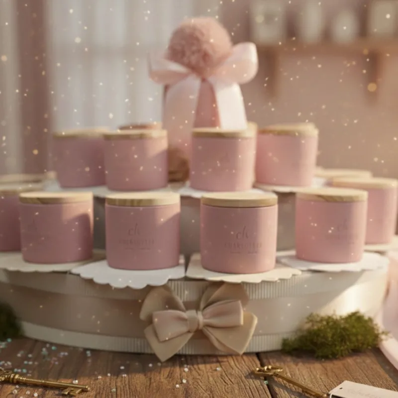 Candele profumate su Torta Bomboniere Comunione in porcellana rosa