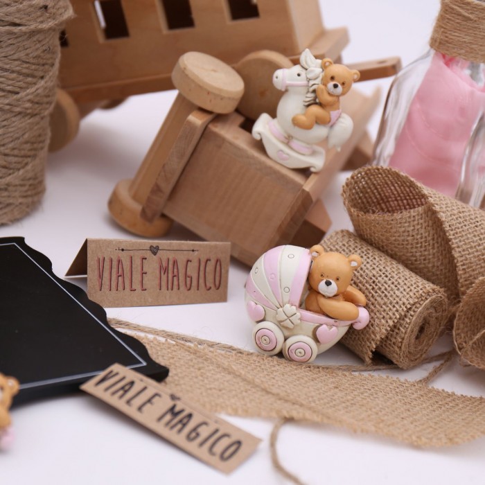 Statuine Orsetto Pimpante Bomboniera Fai da te Carrozzina Pony Nascita Bimba