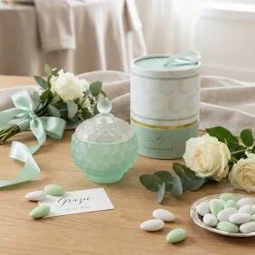 Bomboniera in vetro 13x8,5 cm rosa verde celeste con scatola, confetti e bigliettino personalizzato