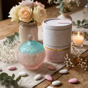 Bomboniera in vetro 13x8,5 cm rosa verde celeste con scatola, confetti e bigliettino personalizzato