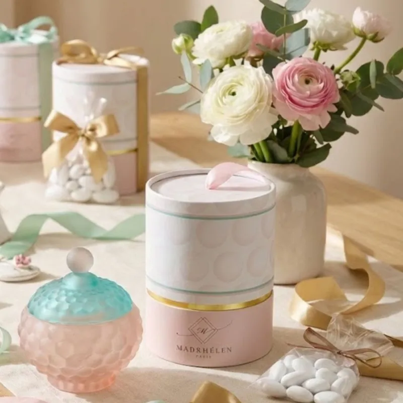 Bomboniera in vetro 13x8,5 cm rosa verde celeste con scatola, confetti e bigliettino personalizzato