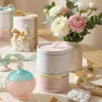 Bomboniera in vetro 13x8,5 cm rosa verde celeste con scatola, confetti e bigliettino personalizzato