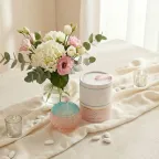 Bomboniera in vetro 13x8,5 cm rosa verde celeste con scatola, confetti e bigliettino personalizzato