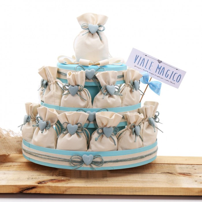 Torta Alzatina Sacchetti Avorio con Cuore Celeste per Bomboniera Bimbo Basic