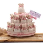 Torta Bomboniere Comunione Sacchetti Avorio con Cuore Rosa Basic