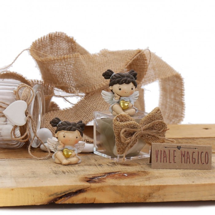 Bomboniere Angioletto Statuina Bimba su Plexiglass con Confetti "Il Cuore degli Angeli" 