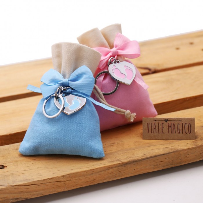 Bomboniere Nascita Sacchetto Portachiave Piedini Bimbo Bimba con Confetti