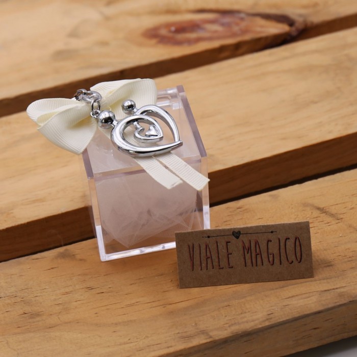 Bomboniera Matrimonio Portachiave Coppia Sposi in cuore in acciaio con Plexiglass