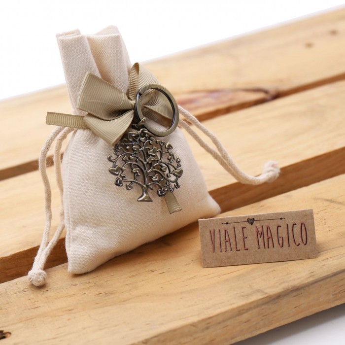 Bomboniera Matrimonio Portachiave Albero della Vita Cuori Bronze su Sacchetto Confettata