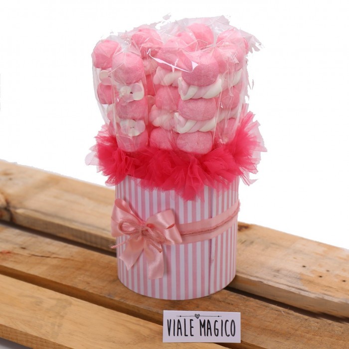 Box Marshmallow a righe con Caramelle Trecce e Palline Rosa Box Marshmallow a righe con Caramelle Trecce e Palline Rosa