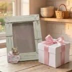 Cornice Portafoto Legno Shabby con Orsetto - Regalo Nascita Bimba