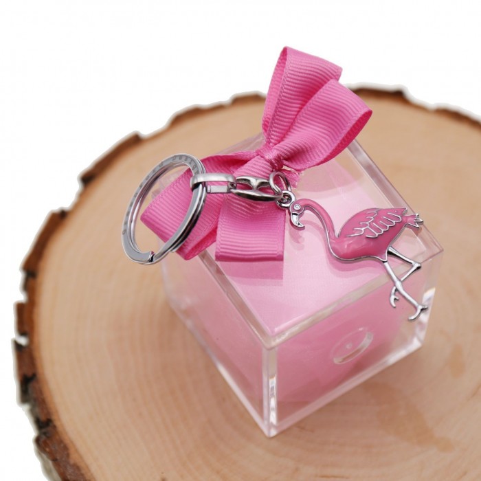 Bomboniere Compleanno Confezionate Portachiave Fenicottero Rosa su Plexiglass