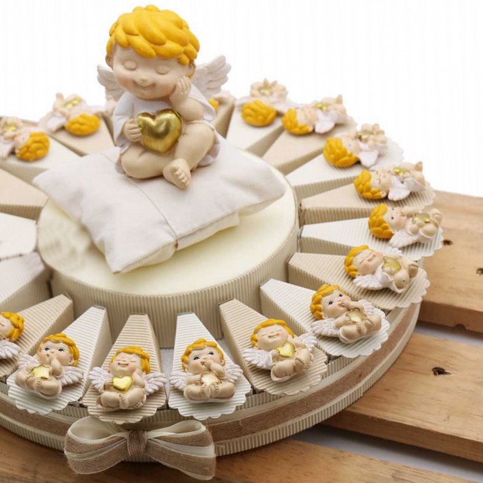 Torta Bomboniere Battesimo Angioletto Biondo con Cuore e Stella Calamita Torta Bomboniere Battesimo Angioletto Biondo con Cuore e Stella Calamita