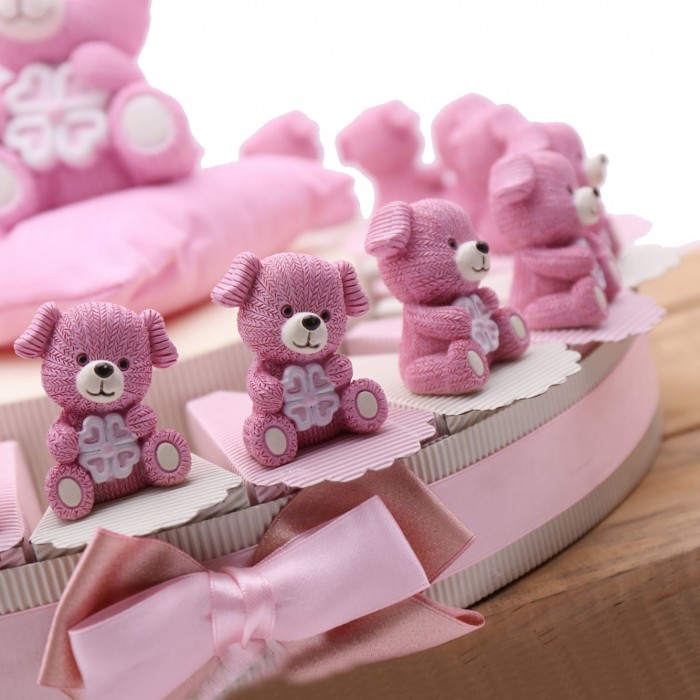 Bomboniere Nascita e Battesimo Cagnolino Lucky con Quadrifoglio Rosa. Torta Portaconfetti e Confetti.
