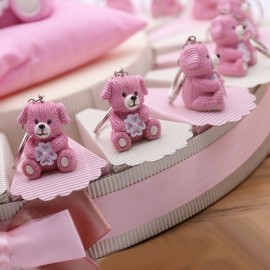 Bomboniere Nascita su Torta Potaconfetti con portachiave Cane con Quadrifoglio Rosa