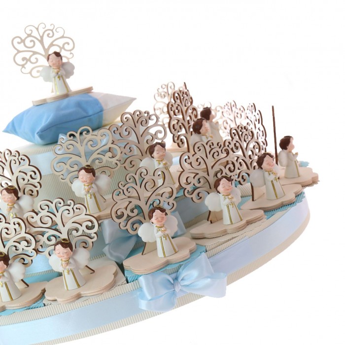 Bomboniere Prima Comunione Albero in Legno con Statuina Angelo con rosario