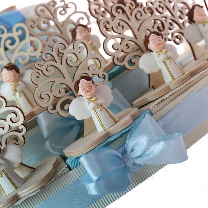 Bomboniere Prima Comunione Albero in Legno con Statuina Angelo con rosario