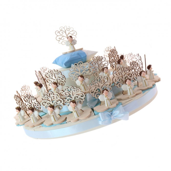 Bomboniere Prima Comunione Albero in Legno con Statuina Angelo con rosario