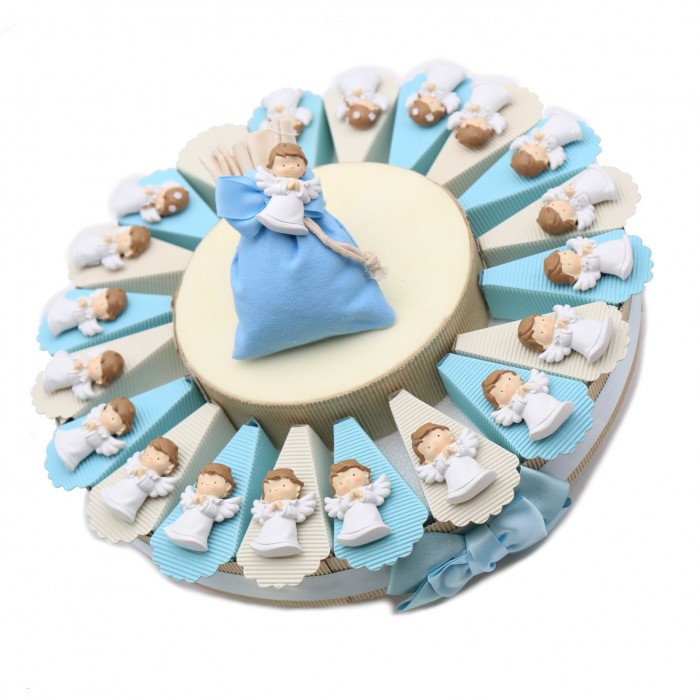 Torta Bomboniera Prima Comunione con Magnete Bimbo con Ali in abito bianco