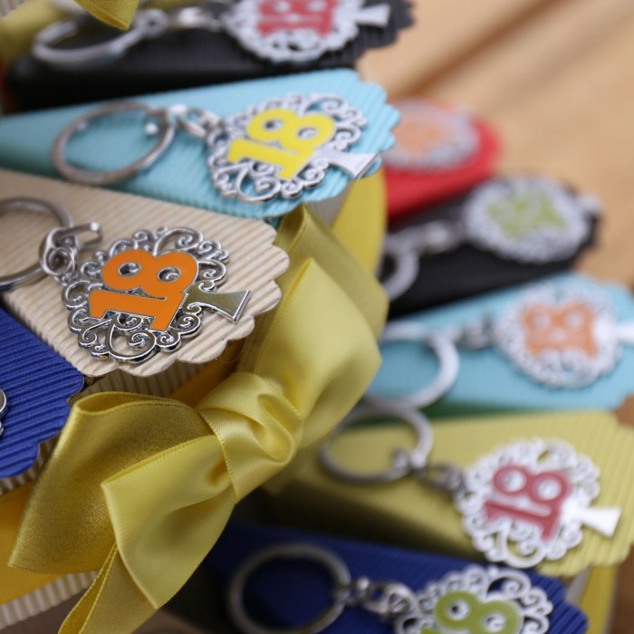 Bomboniere Portachiave Albero della Vita 18 su Torta per Compleanno colorato e confetti.