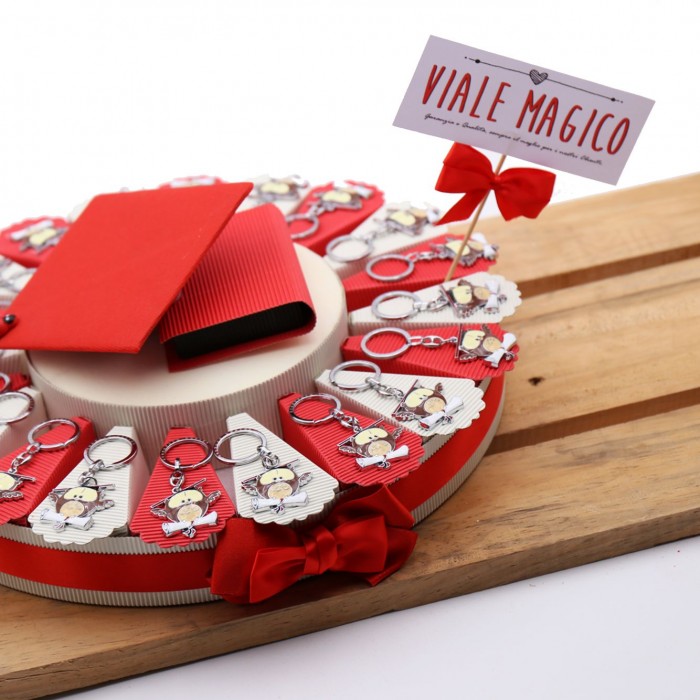 Portachiave Gufetto con Ali 3D Torta Bomboniere Laurea con Astucci Portaconfetti e Tocco Libro.