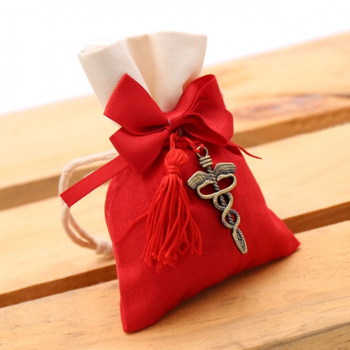 Bomboniere Laurea Farmacia Caduceo Bronze Nappina con Sacchetto con confetti