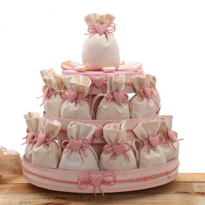 Torta Bomboniere Comunione e battesimo Sacchetti Avorio con Cuore Rosa Basic Torta Bomboniere Comunione e battesimo Sacchetti Avorio con Cuore Rosa Basic