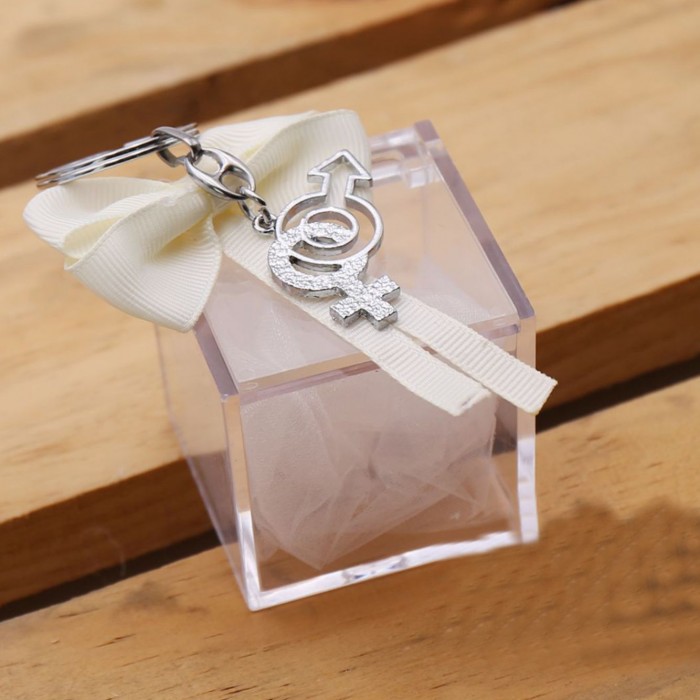 Bomboniera Matrimonio Simbolo Uomo Donna Satin con Portachiave Scatolina Plexiglass
