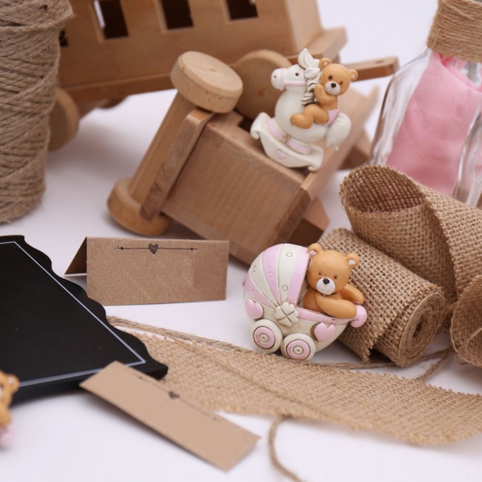 Statuine Orsetto Pimpante Bomboniera Fai da te Carrozzina Pony Nascita Bimba