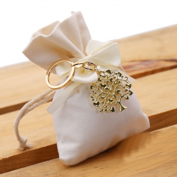Bomboniera Matrimonio Portachiave Albero della Vita Cuori Gold su Sacchetto Confettata Bomboniera Matrimonio Portachiave Albero della Vita Cuori Gold su Sacchetto Confettata