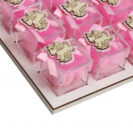 Bomboniere Nascita e Battesimo Vassoio da 12 Plexiglass Rosa con Applicazione Unicorno in Legno Confetti