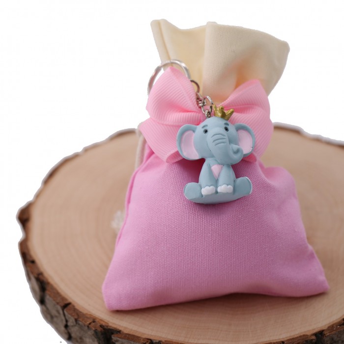 Elefantino Bimba Portachiavi con dettagli Rosa e Corona oro Bomboniere Confezionate