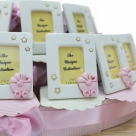 Portafoto con Stelline e Passeggino Rosa con cuore Torta Bomboniere Bimba