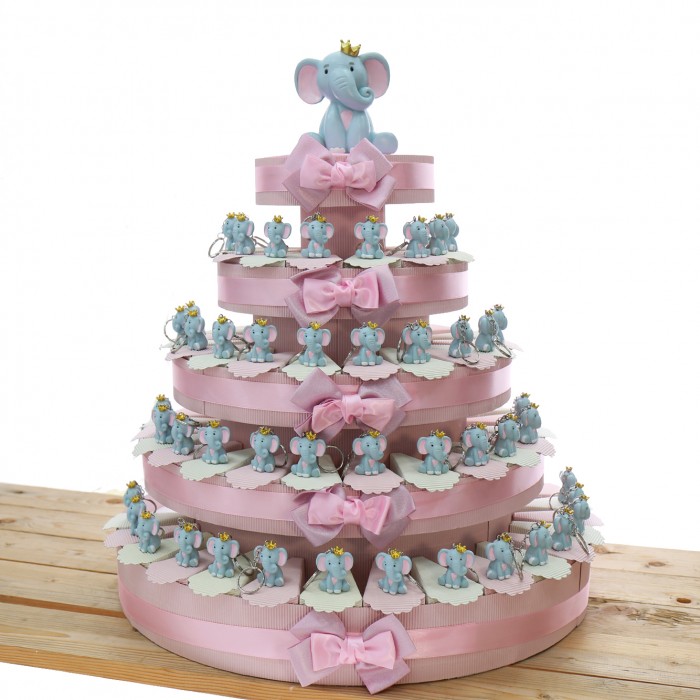 Elefantino Bimba Portachiavi con dettagli Rosa e Corona oro Torta Bomboniere