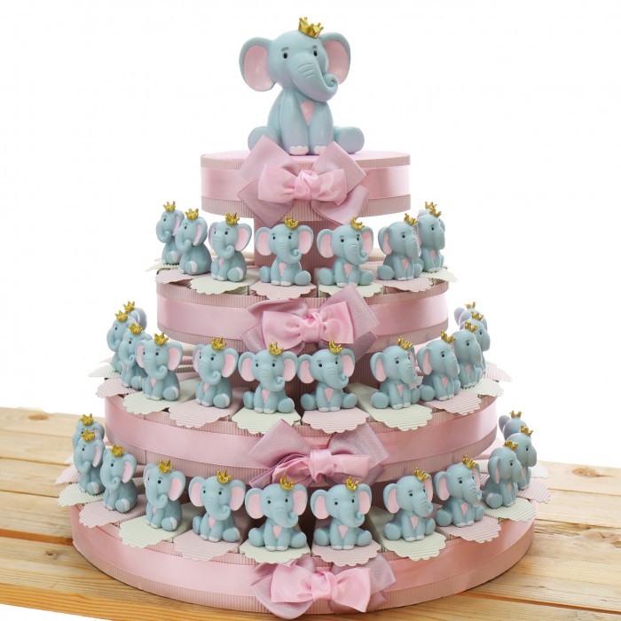 Elefantino Rosa corona Bomboniera Battesimo e Nascita Torta statuina Bimba