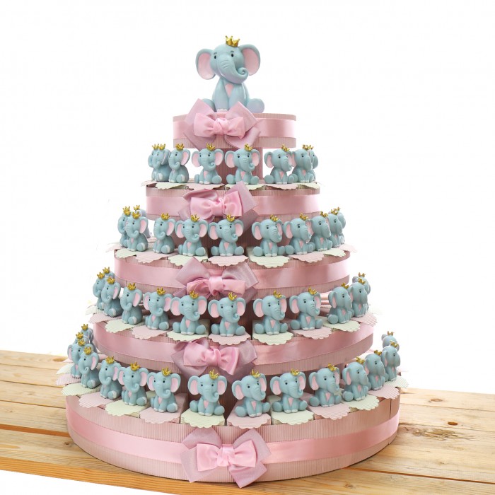 Elefantino Rosa corona Bomboniera Battesimo e Nascita Torta statuina Bimba