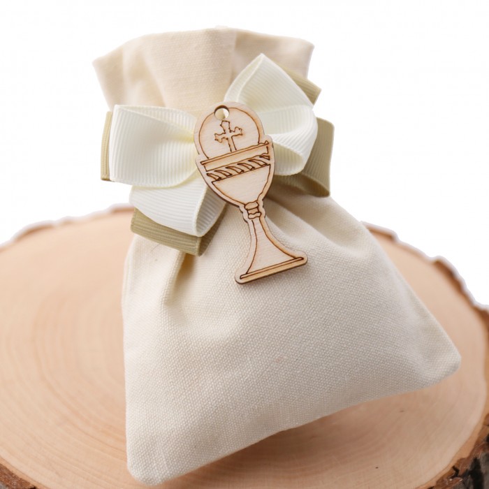Sacchetto color panna con Applicazione Calice in Legno