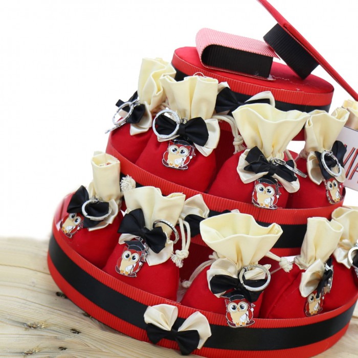 Torta Sacchetti Gufetto portafortuna Laurea Portachiavi Bomboniere con fiocco inclusi di Confetti