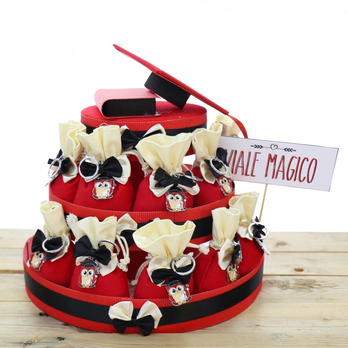 Torta Sacchetti Gufetto portafortuna Laurea Portachiavi Bomboniere con fiocco inclusi di Confetti