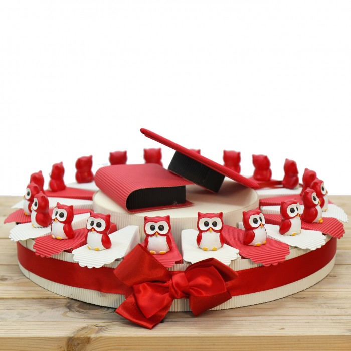 Gufetti Rossi Allegri Laurea Torta Bomboniere Statuine Cappello e libro