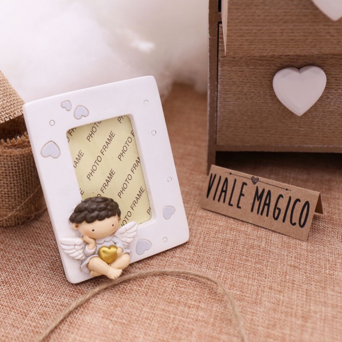 Angelo con Cuore Bimbo Portafoto con cuoricini argento