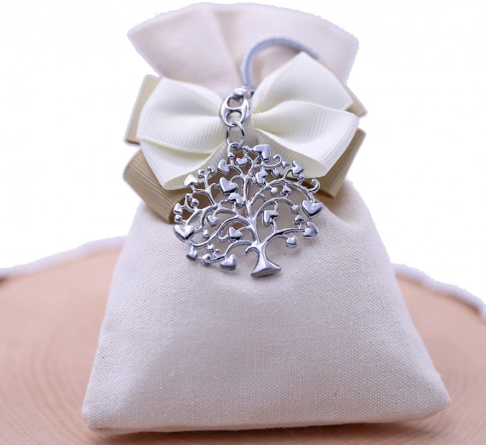 Portachiave Matrimonio Segnaposto Albero della Vita Cuori Acciaio su Sacchetto Confettata