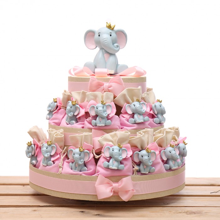 Torta 25 Bomboniere Elefantini Magnete Bimba con Sacchetti Torta 25 Bomboniere Elefantini Magnete Bimba con Sacchetti